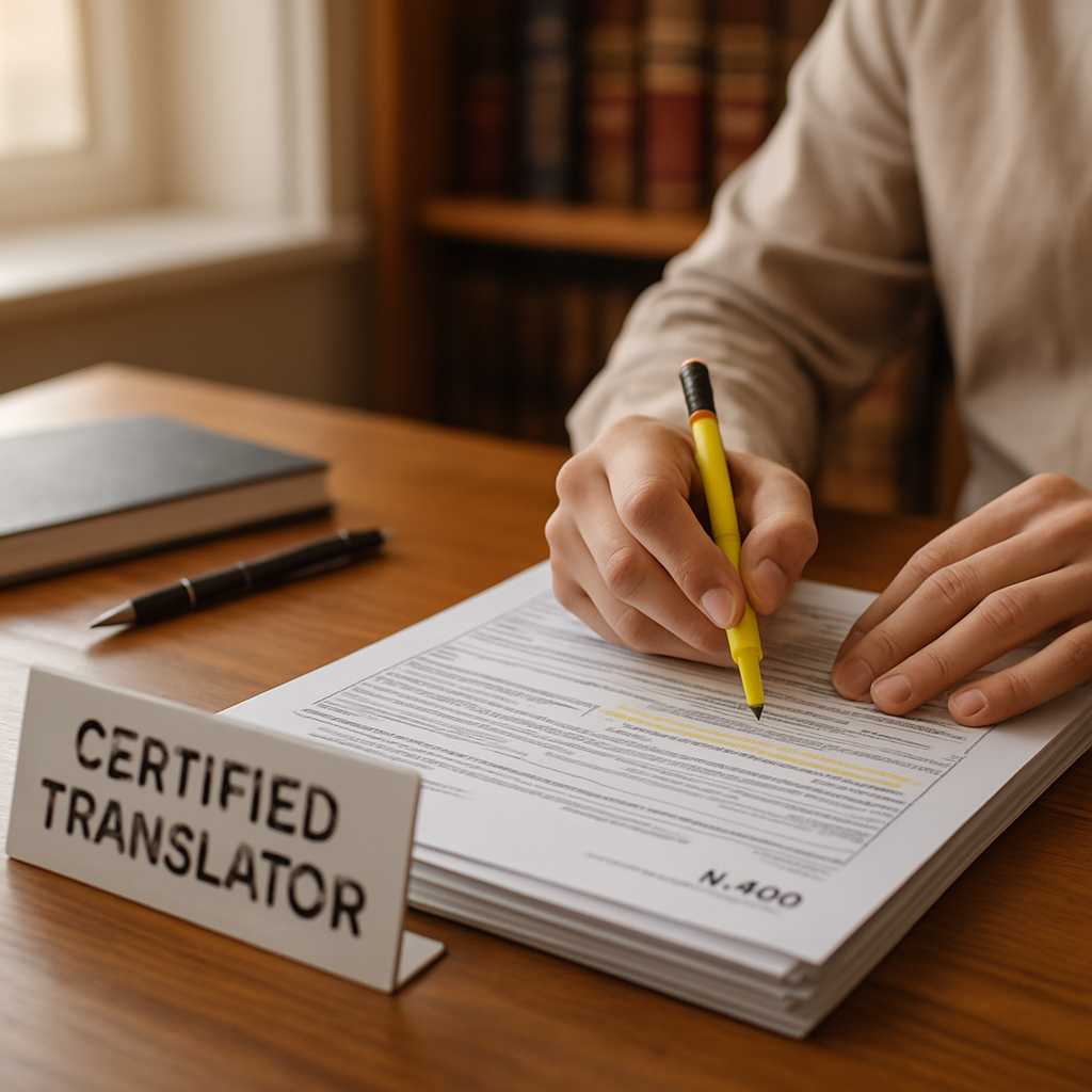 A close up shot of a certified translator reviewing a stack of immigration documents, including the