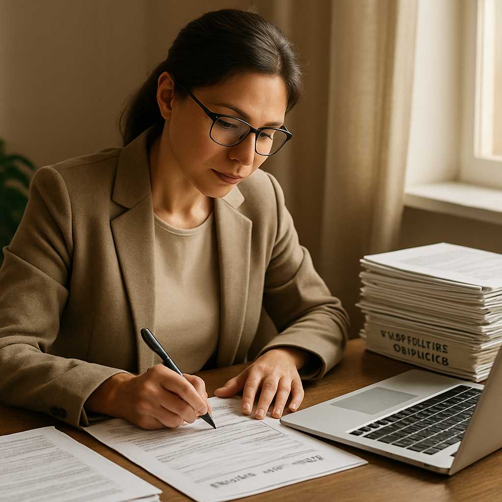 A professional image depicting a translator working diligently at a desk, surrounded by documents an