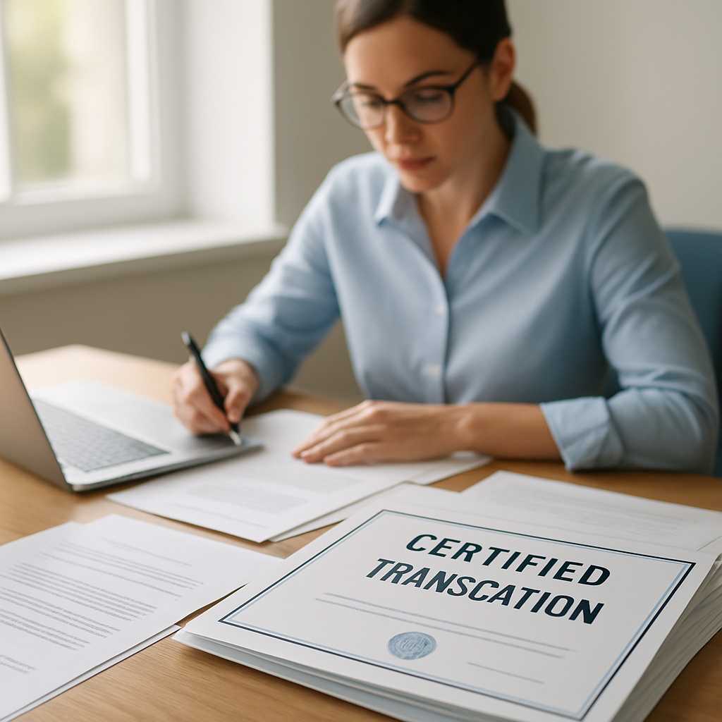 A professional image of a translator working at a desk, surrounded by documents and a laptop, with a