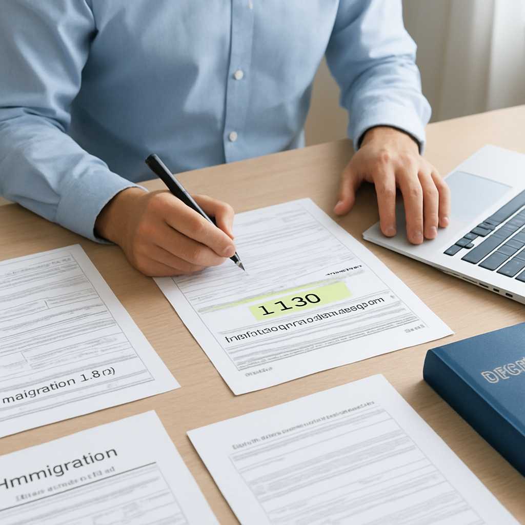 A detailed editorial photograph of a translator working at a desk, surrounded by immigration documen