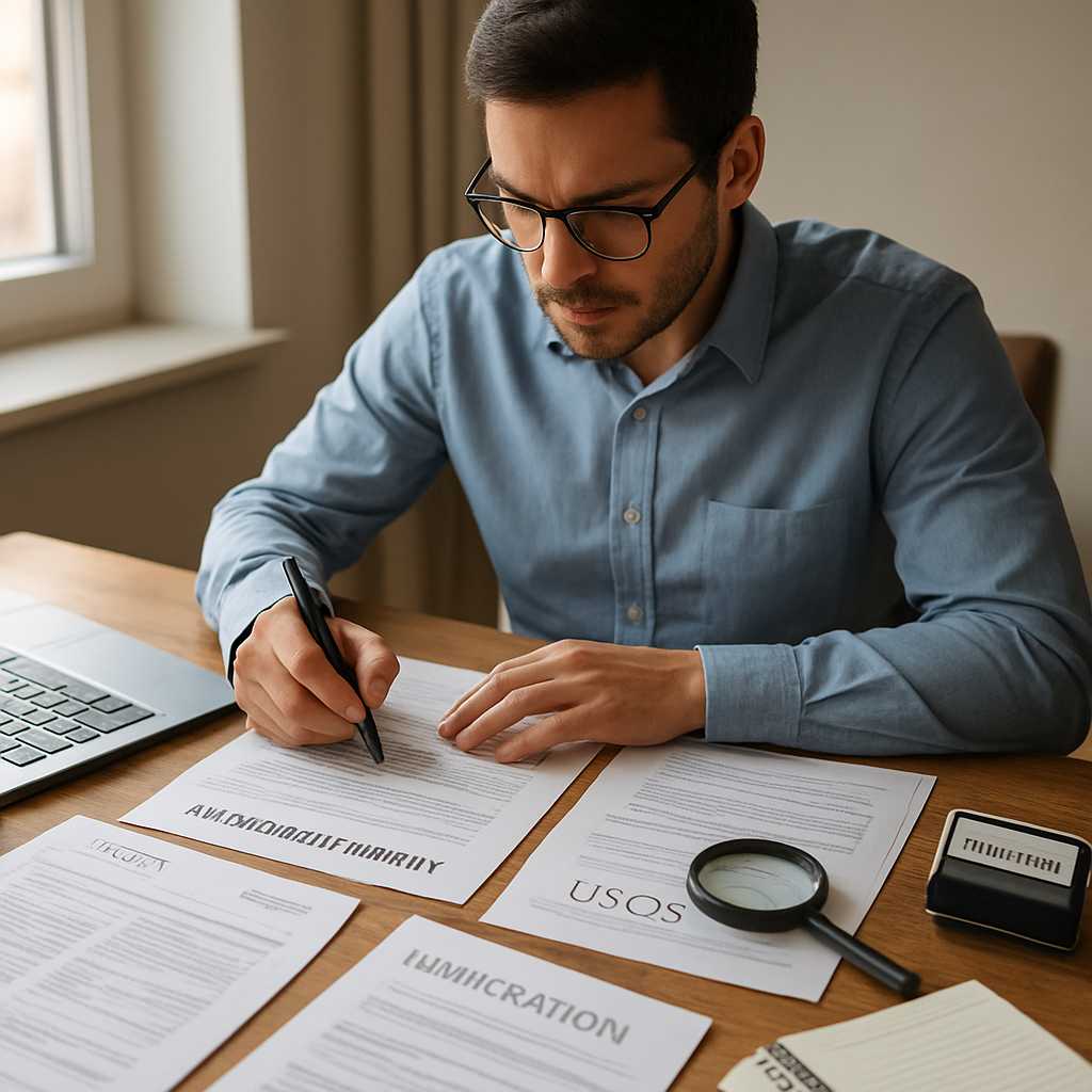 A professional image depicting a translator working diligently at a desk, surrounded by various immi