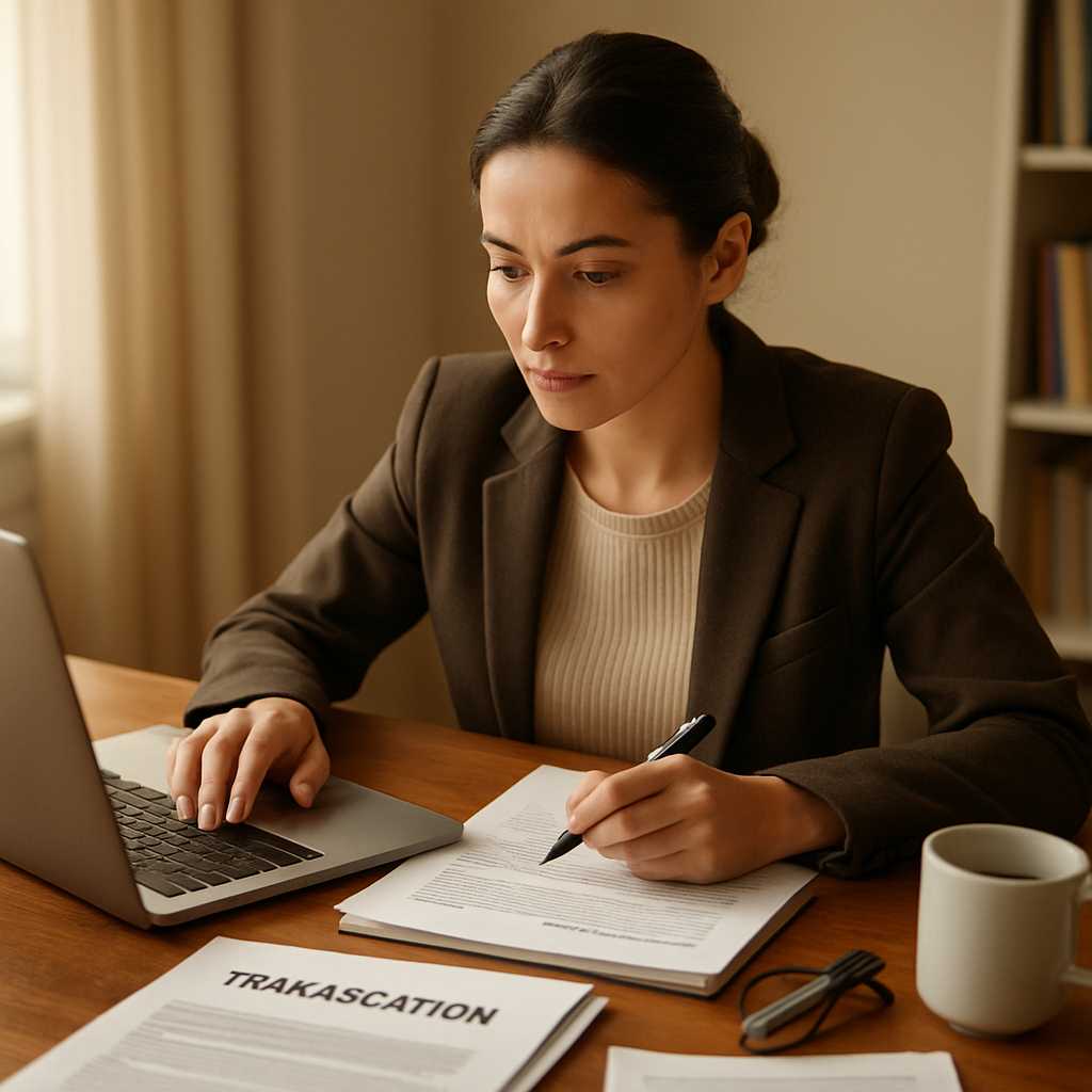 A professional image of a translator working at a desk, surrounded by immigration documents and tran