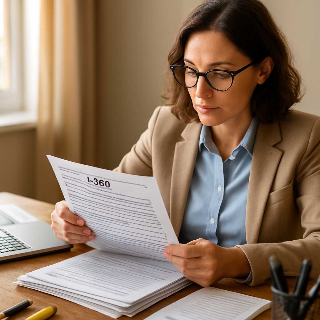 A professional image of a translator sitting at a desk, reviewing documents with a focus on an I 360