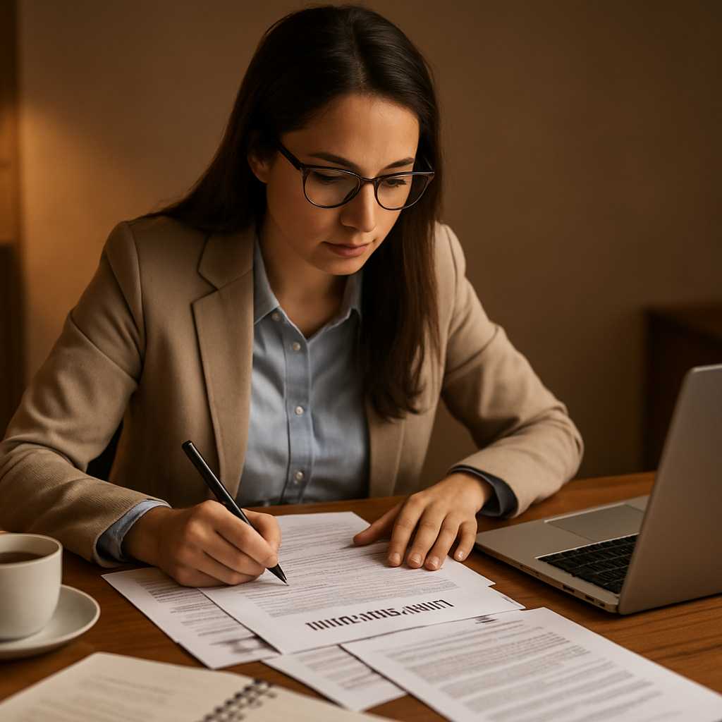 A professional image of a translator working diligently at a desk, surrounded by immigration documen