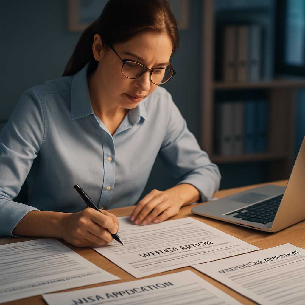 A professional image depicting a translator working diligently at a desk, surrounded by various immi