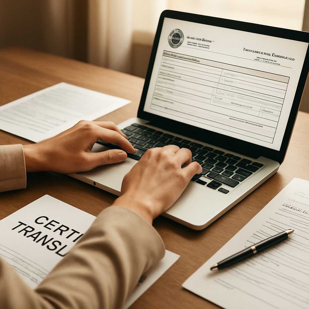 A professional image showing a close up of a certified translator working at a desk, surrounded by i