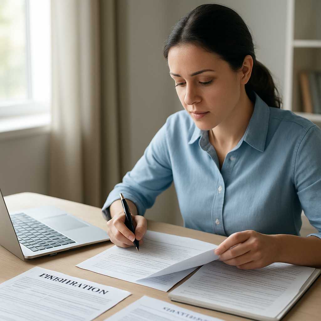A professional image depicting a translator working diligently at a desk, surrounded by immigration