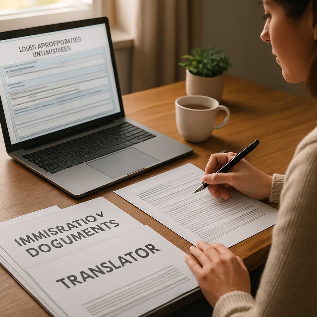 A detailed editorial photograph of a translator working on immigration documents at a desk, with a l