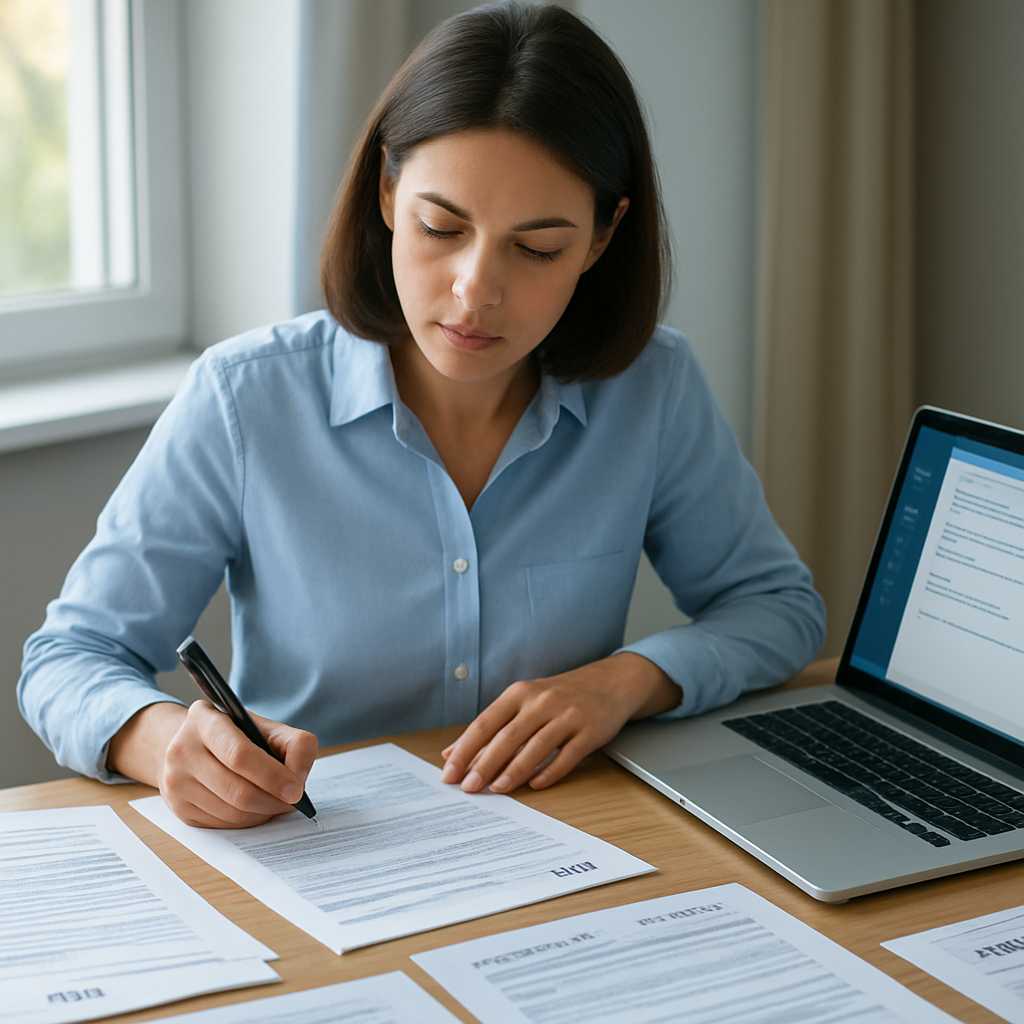 A professional image depicting a translator working diligently at a desk, surrounded by immigration