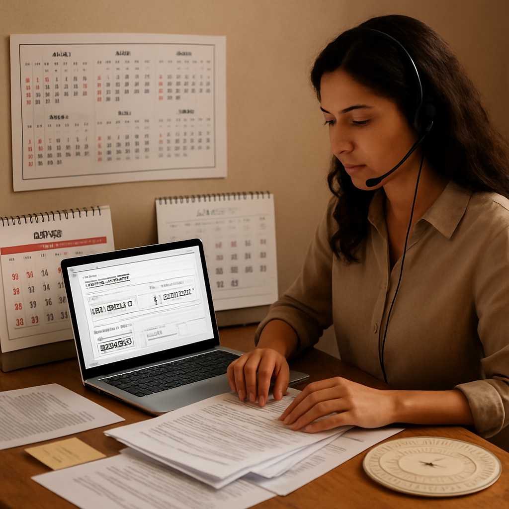 A detailed editorial image showing a translator at work, surrounded by various calendars and date co