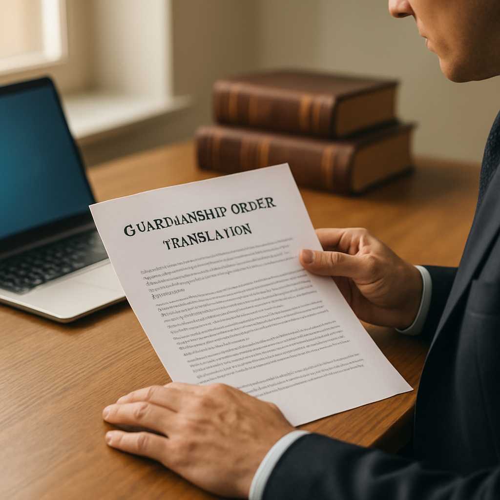 A professional image of a legal expert reviewing a guardianship order translation document on a desk