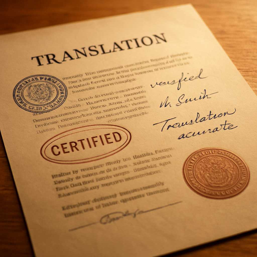 A close up editorial photograph of a translated document featuring visible stamps, seals, and handwr