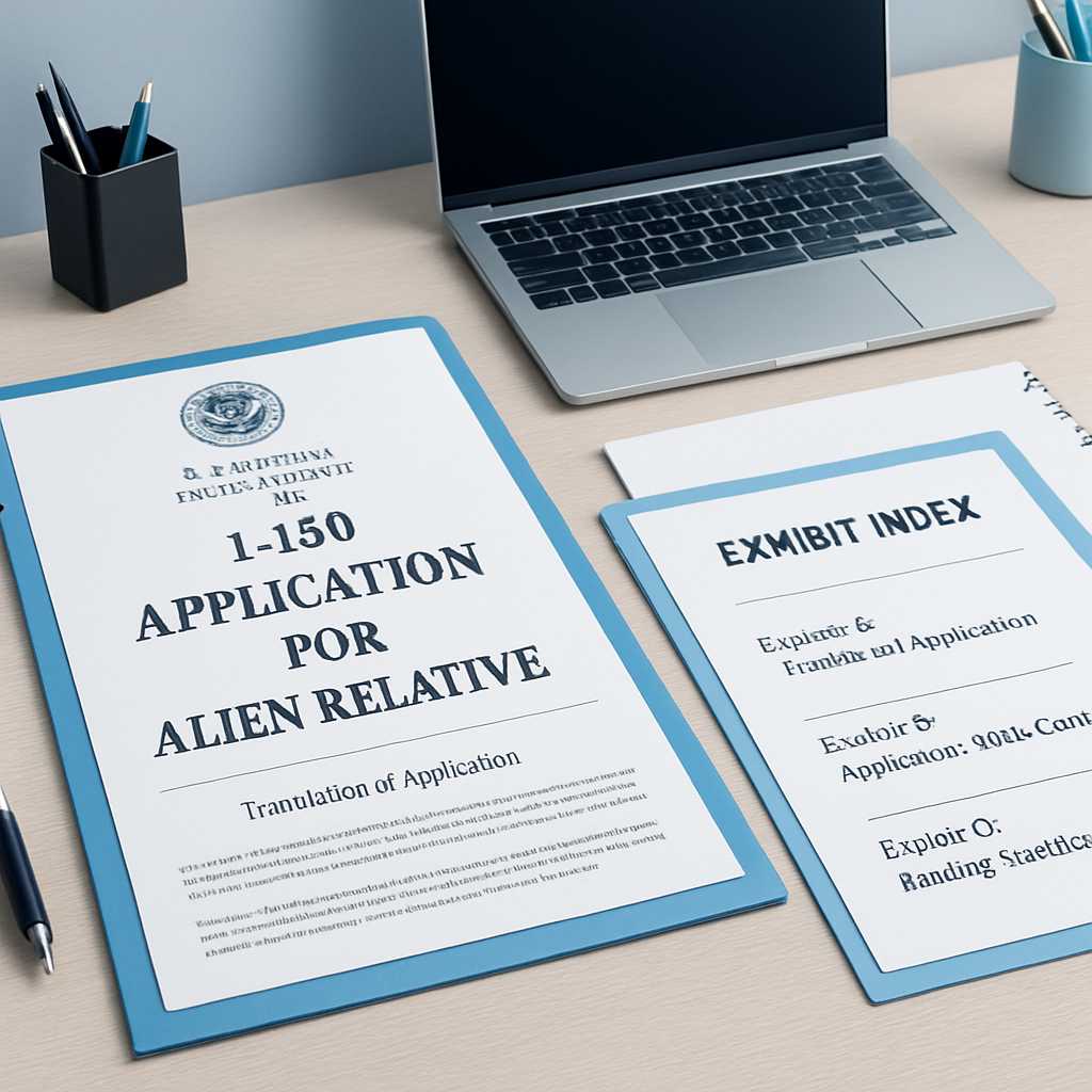 A well organized desk scene featuring a neatly arranged I 130 application package, with translated d