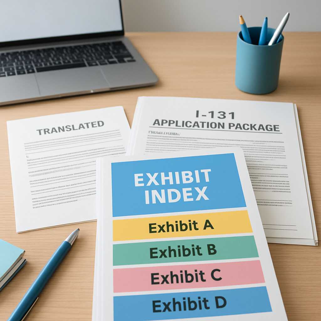 A well organized desk scene featuring a neatly arranged I 131 application package, with translated d