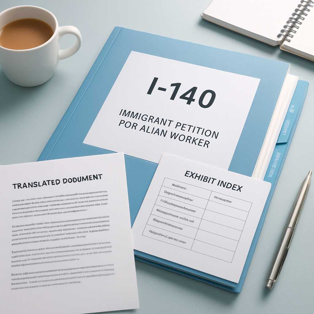 A well organized desk scene featuring a neatly arranged I 140 application package, with translated d