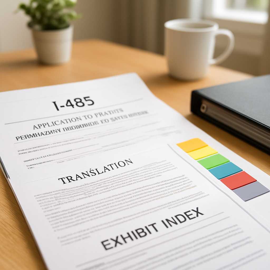 A well organized desk scene featuring a neatly arranged I 485 application package, with translated d
