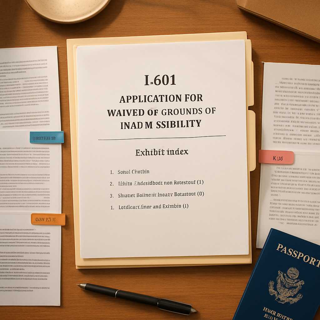 A detailed overhead shot of a neatly organized I 601 application package, showcasing various transla