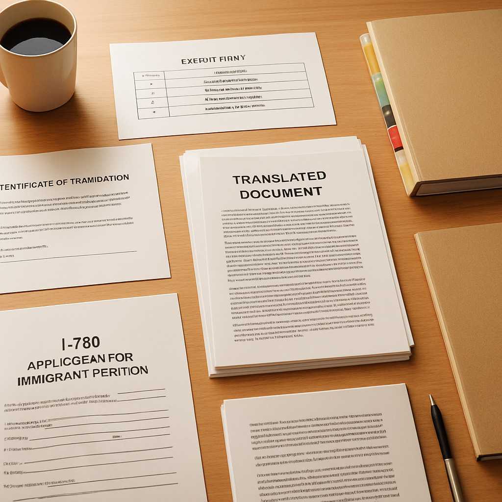 A well organized desk with an I 730 application package laid out, featuring neatly arranged translat
