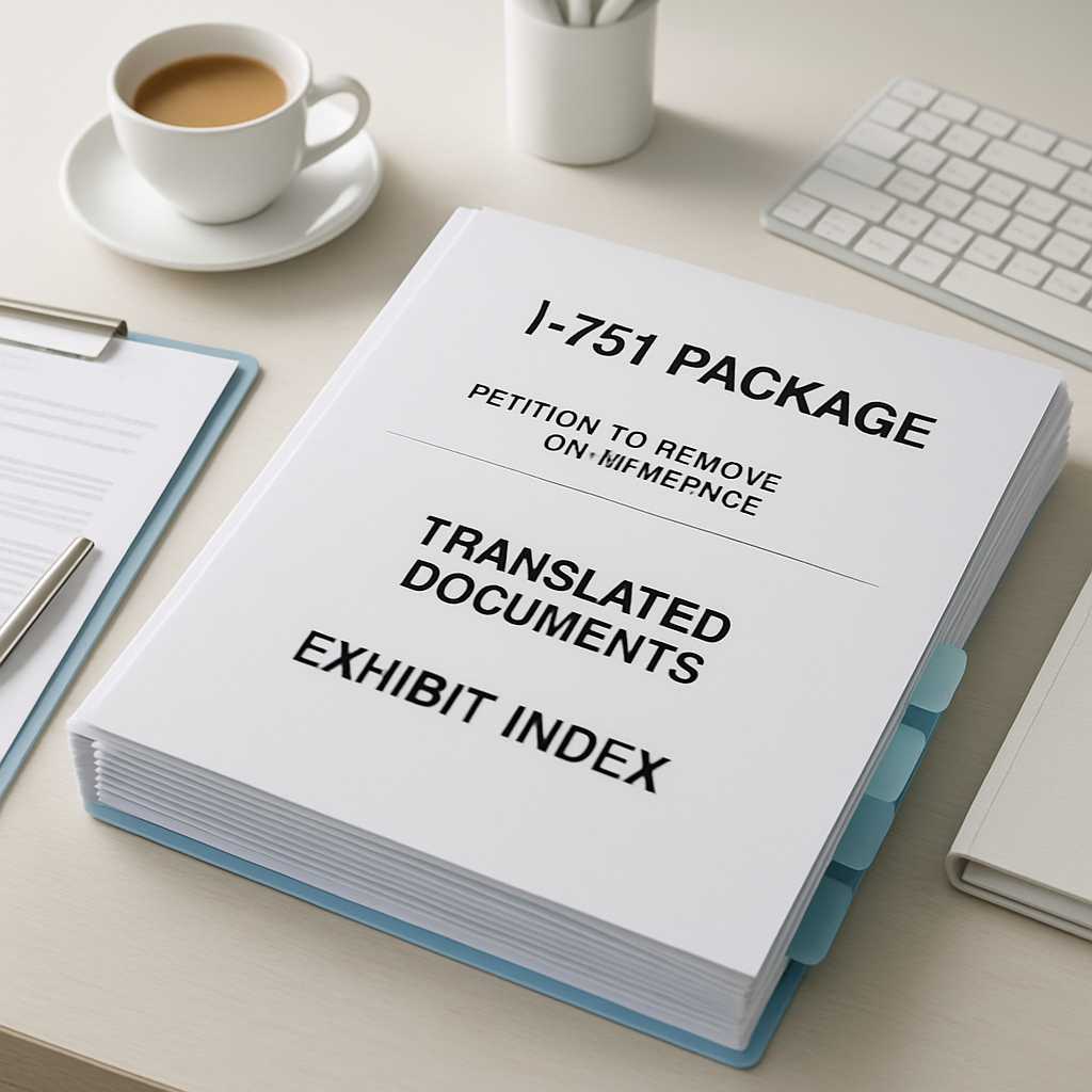 A well organized desk scene featuring a neatly arranged I 751 package with translated documents, an