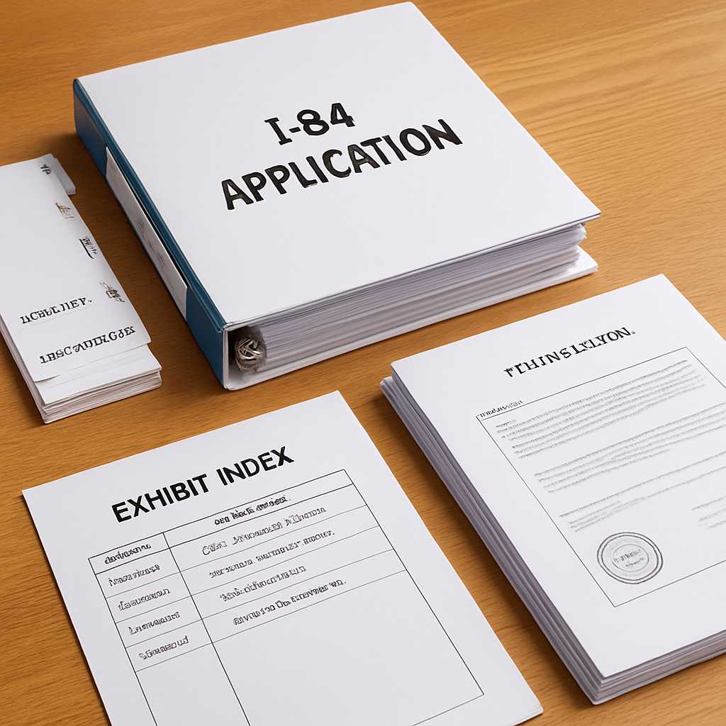 A detailed overhead shot of a neatly organized I 824 application package on a wooden desk, showcasin