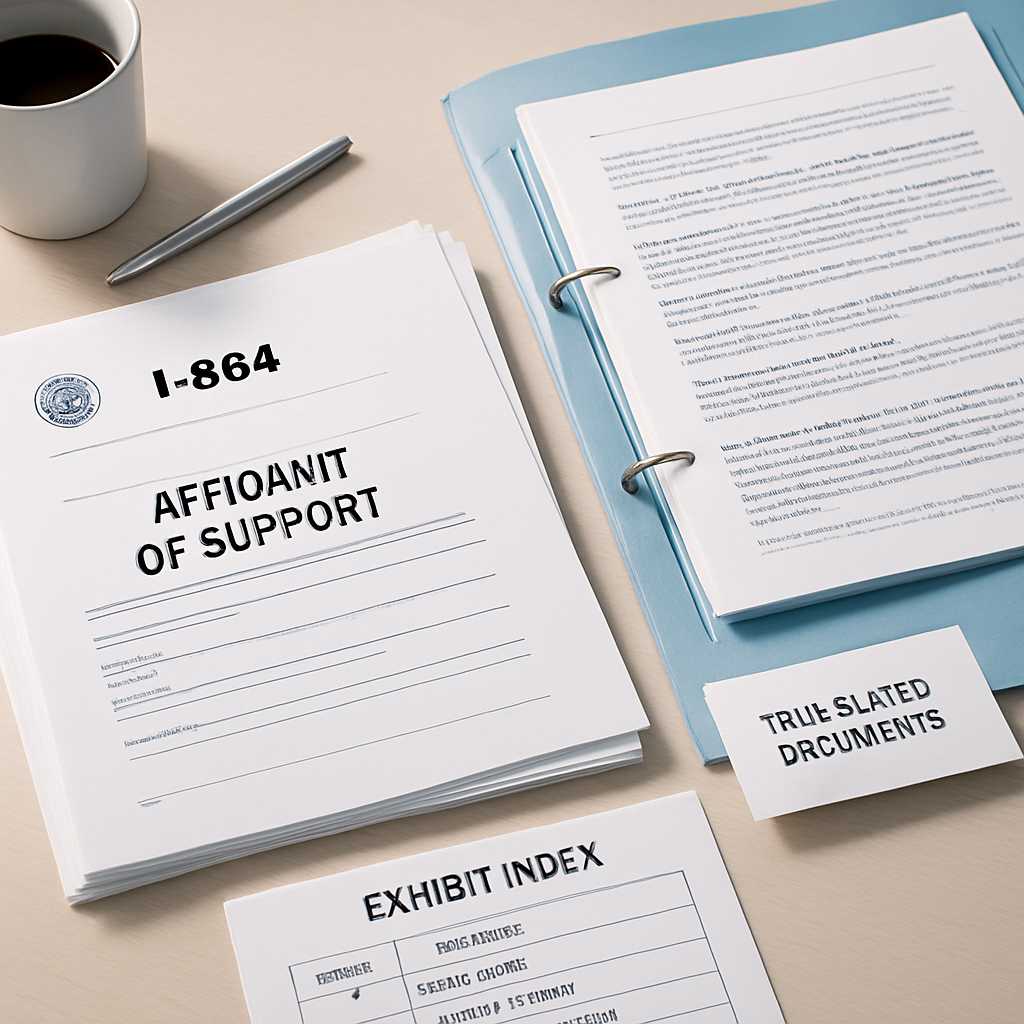 A well organized desk scene featuring a neatly arranged I 864 package with translated documents, an