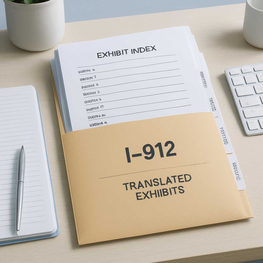 A well organized desk scene featuring a neatly arranged I 912 package with translated exhibits, an e
