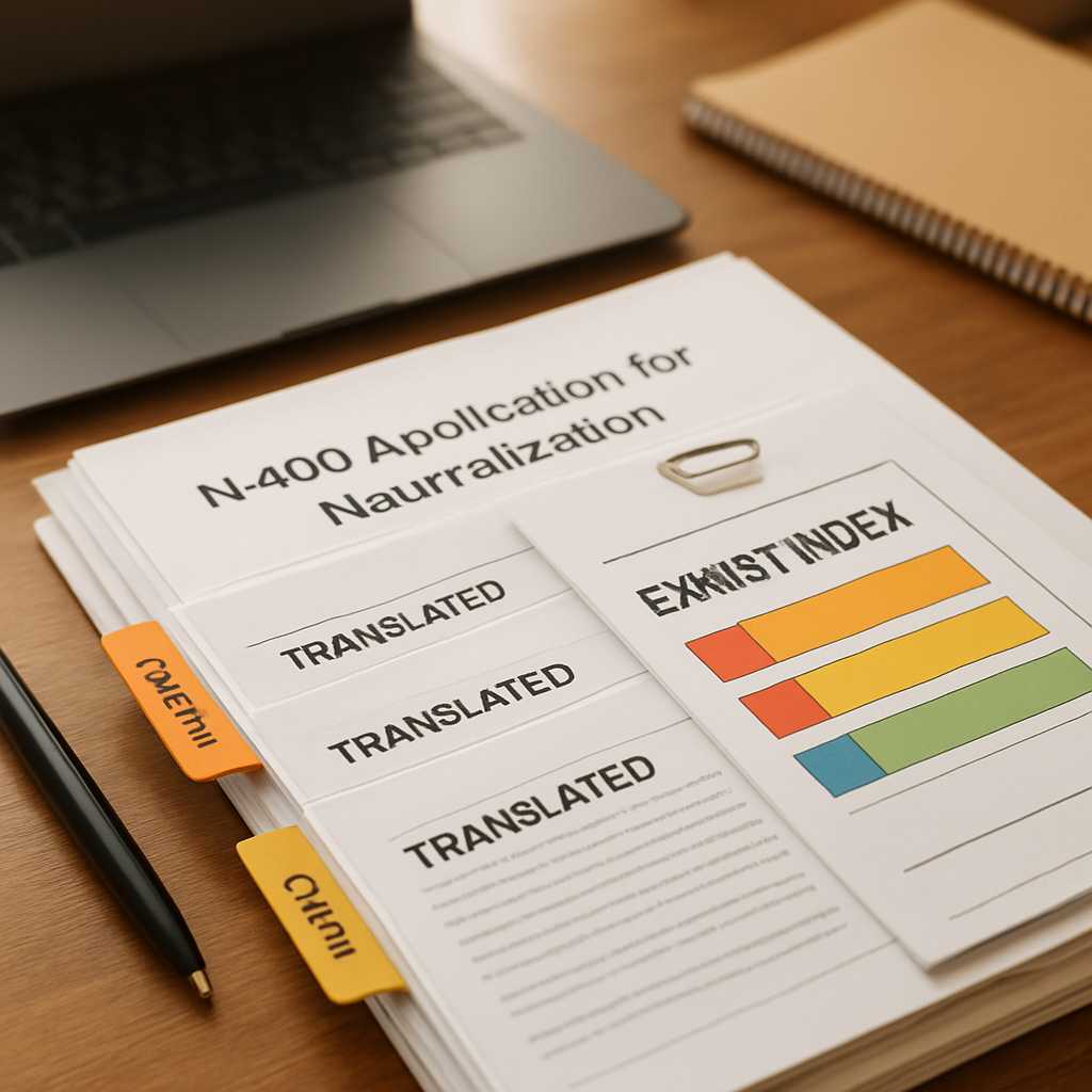 A well organized desk scene featuring a neatly arranged N 400 application package, with translated d