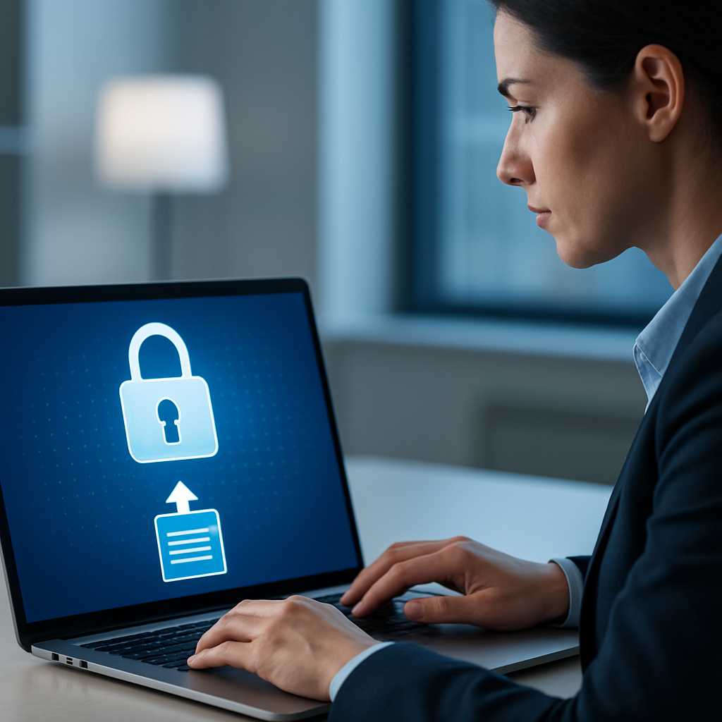 A professional image showing a person securely uploading sensitive documents on a laptop, with a foc