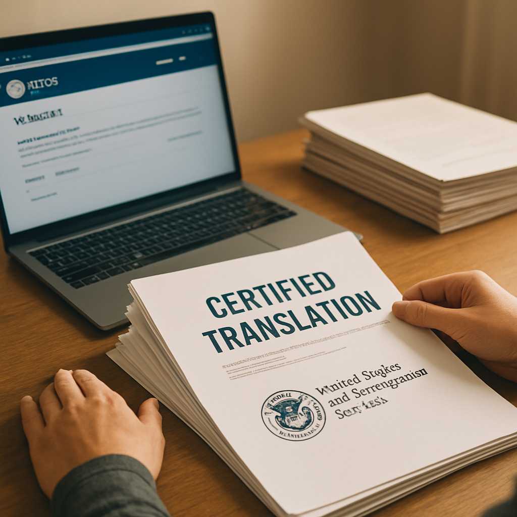 A detailed editorial photograph of a person sitting at a desk, preparing USCIS documents for submiss