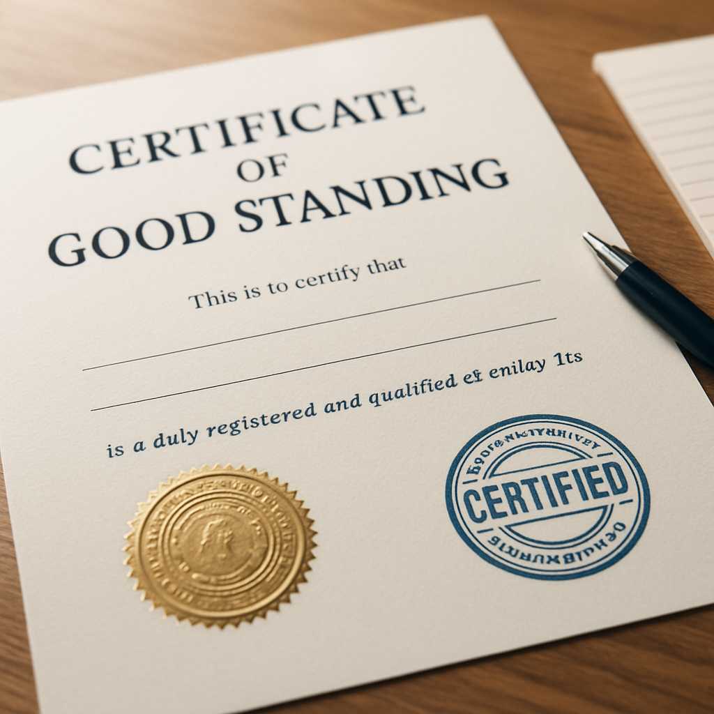 A close up editorial photograph of a Certificate of Good Standing document on a wooden desk, with a