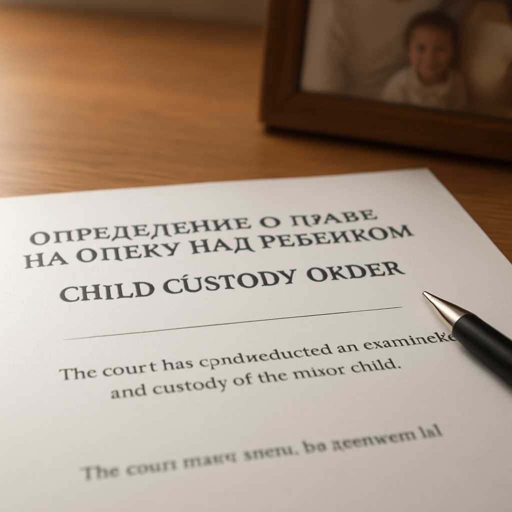 A close up shot of a child custody order document on a wooden desk, with a pen placed beside it. The