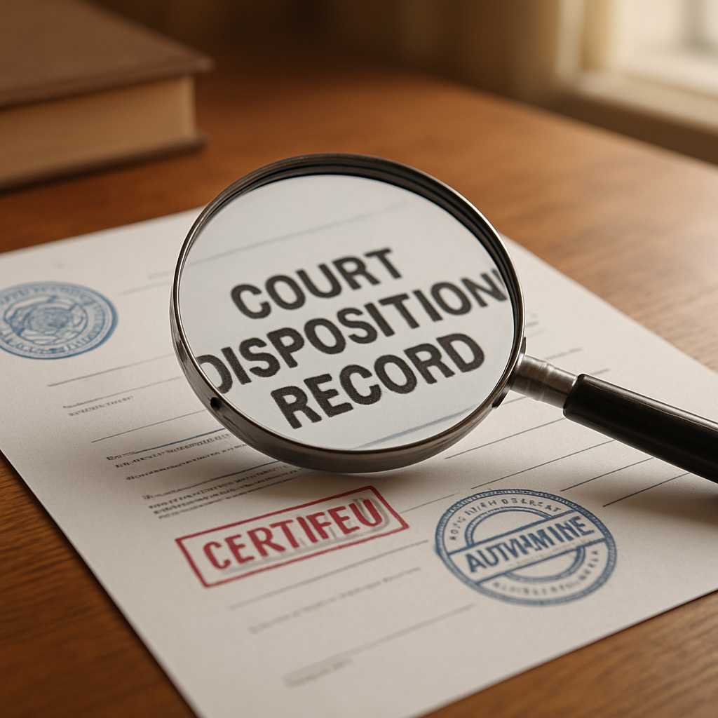 A professional image depicting a close up of a court disposition record on a wooden desk, with a mag