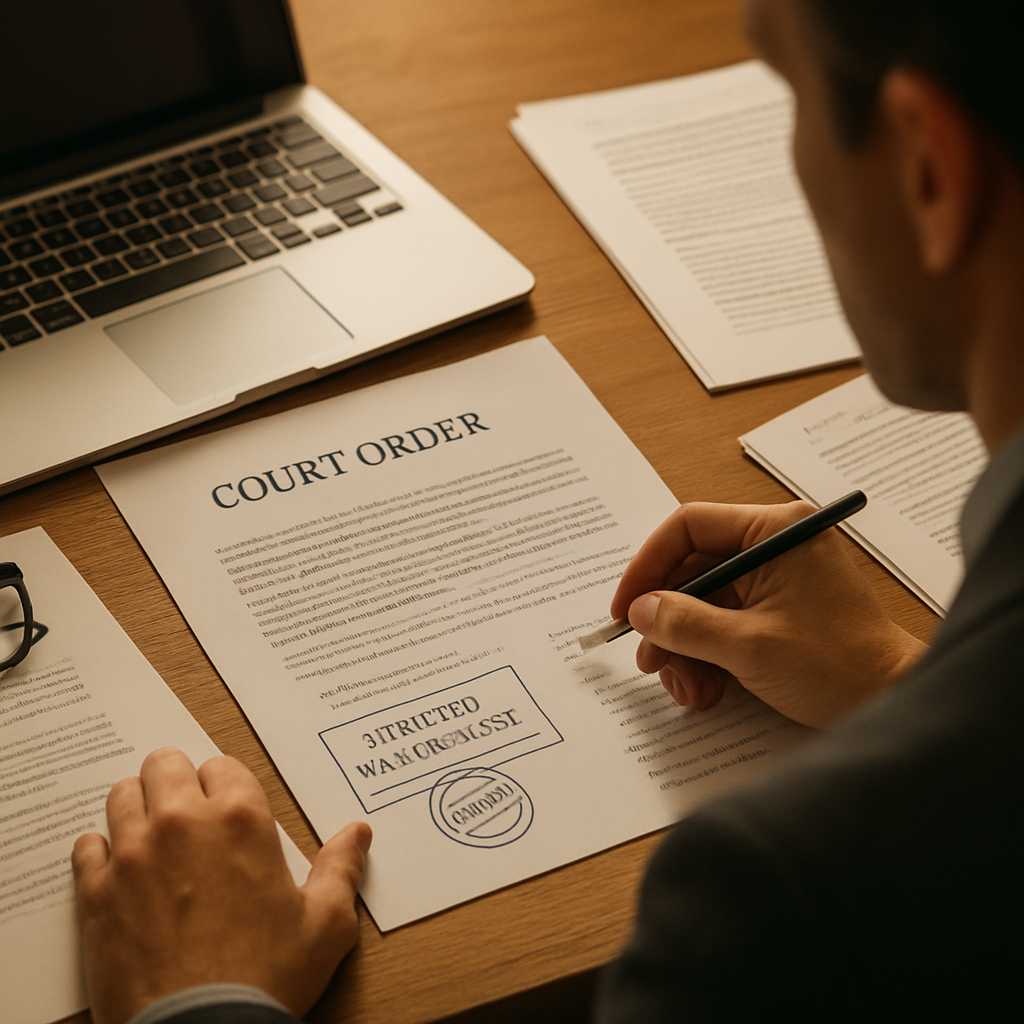 A professional image of a translator working at a desk, surrounded by legal documents, a laptop, and