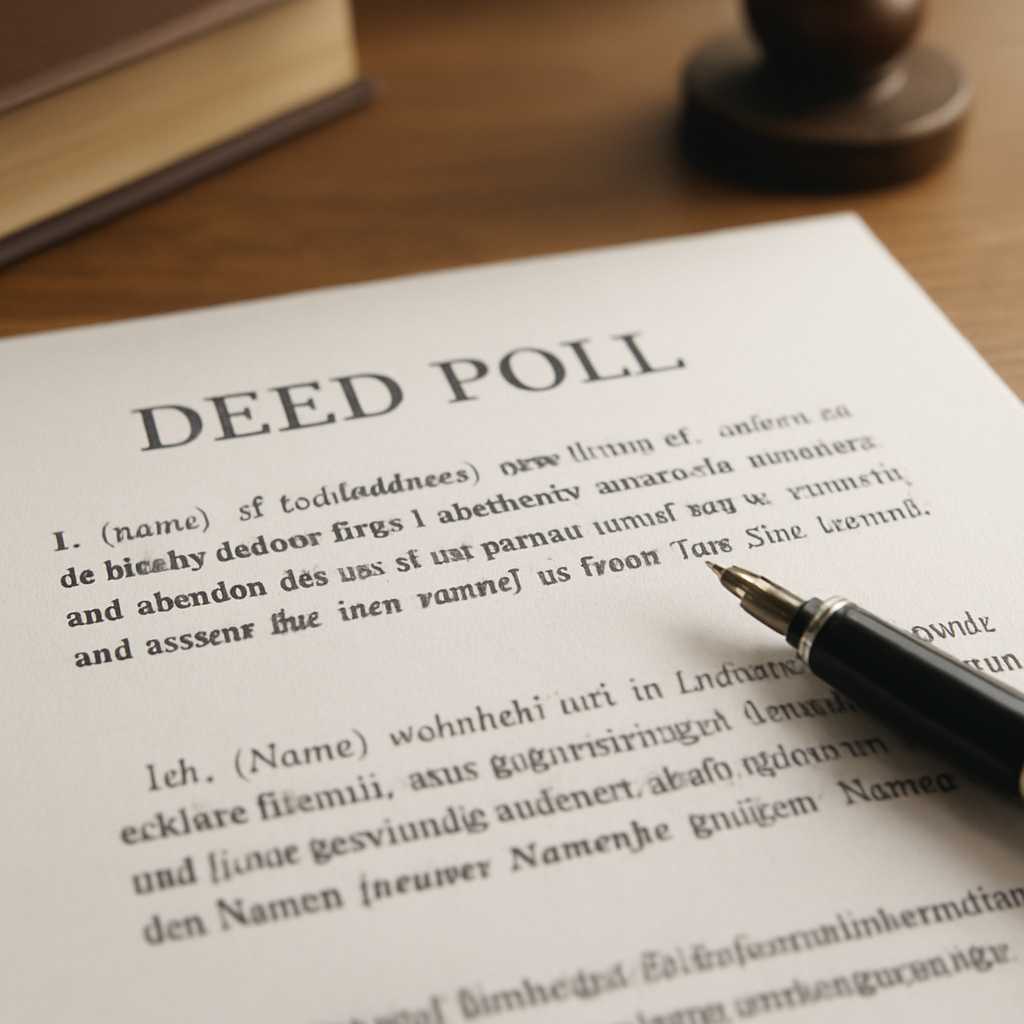 A close up shot of a deed poll document on a wooden desk, with a pen resting beside it. The document