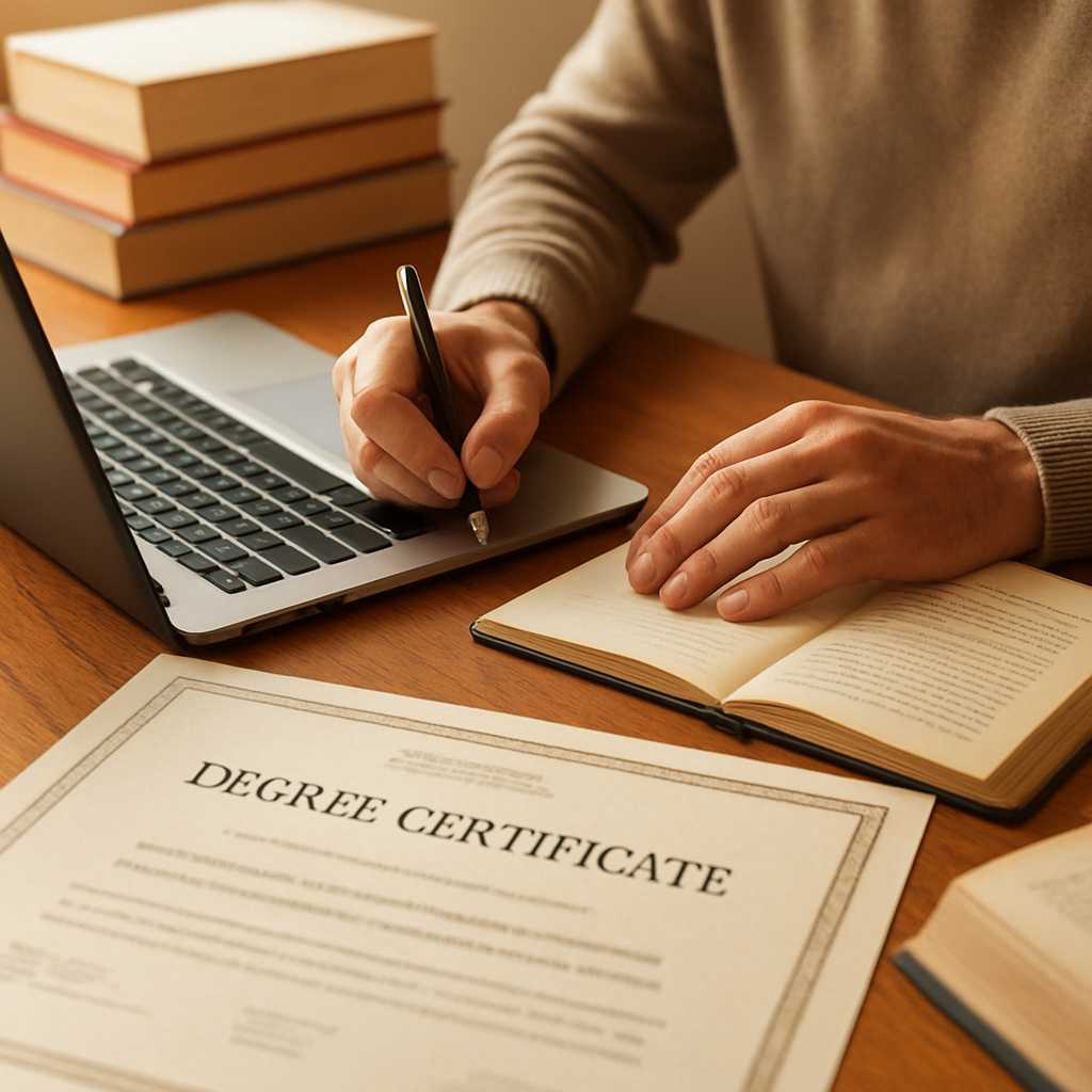 A close up shot of a degree certificate being translated, with a focus on a translator's hands worki