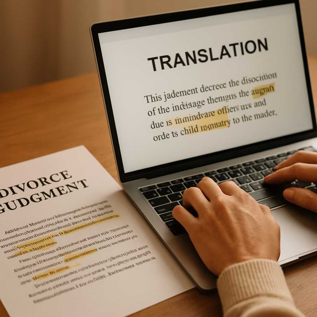 A close up, photorealistic image of a divorce judgment document being translated, with a focus on a