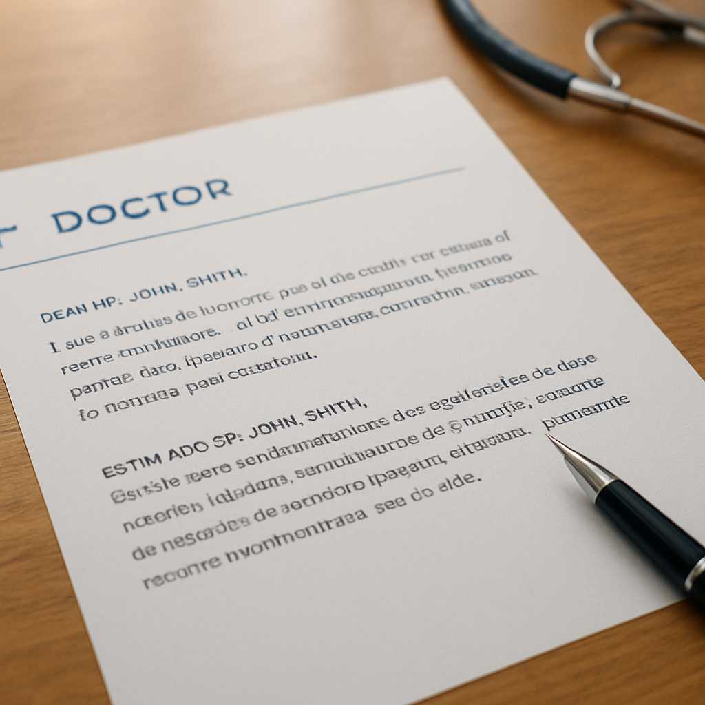 A close up shot of a doctor's letter on a wooden desk, with a pen beside it. The letter is partially