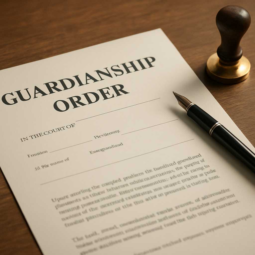 A detailed editorial photograph of a guardianship order document laid out on a wooden desk, with a p