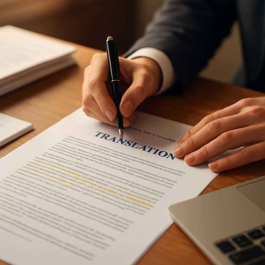 A professional setting with a translator working on a legal contract, surrounded by documents and a