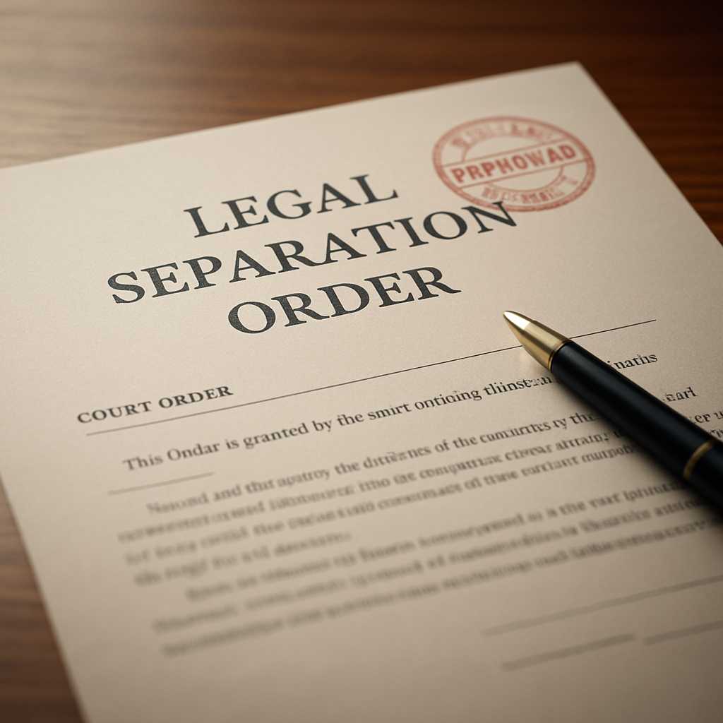 A close up, photorealistic image of a legal separation order document on a wooden desk, with a pen b