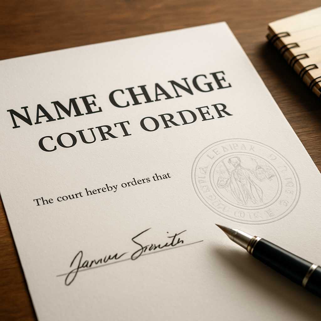 A close up shot of a name change court order document on a wooden desk, with a pen and a notepad bes