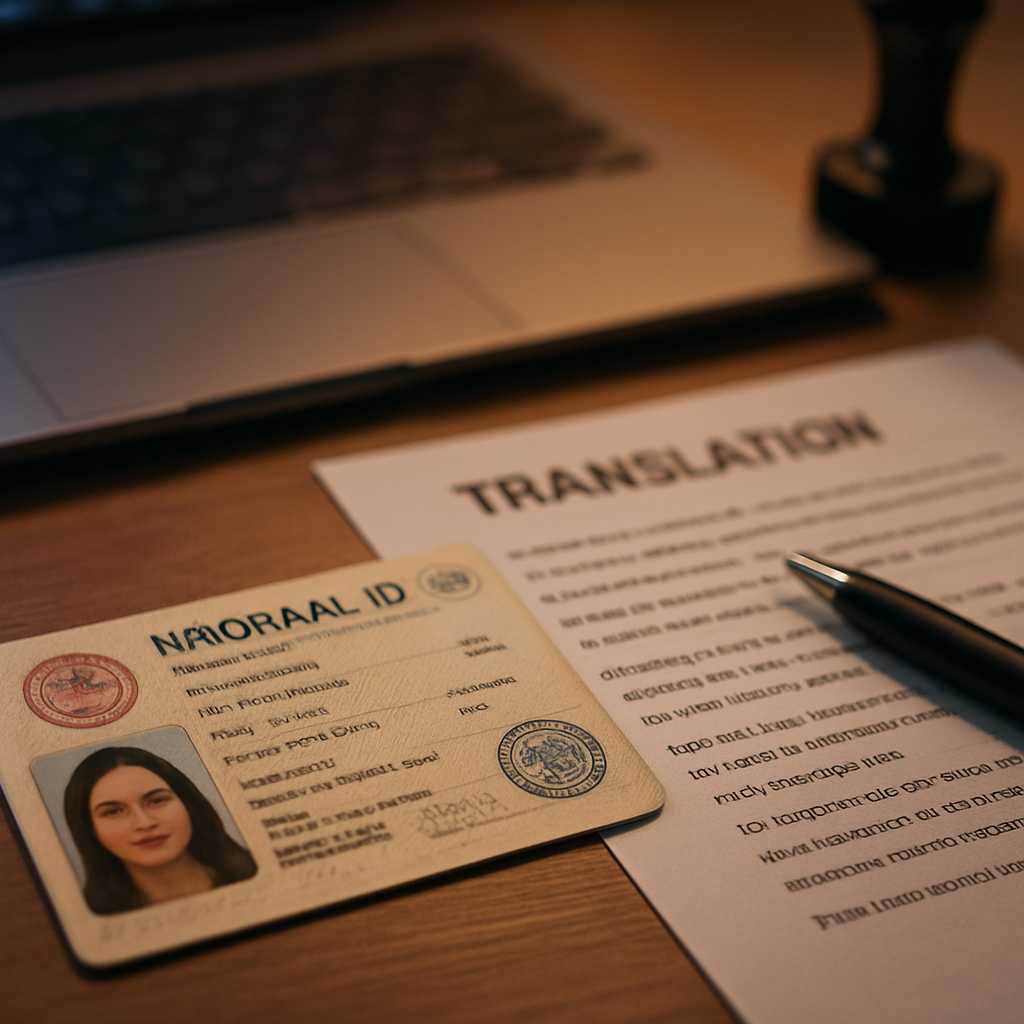 A close up, photorealistic image of a national ID card being translated on a desk, with a laptop and
