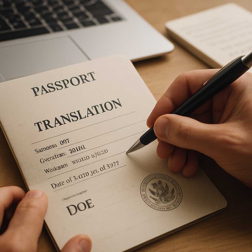 A close up, photorealistic image of a passport biographic page being translated, with a focus on the