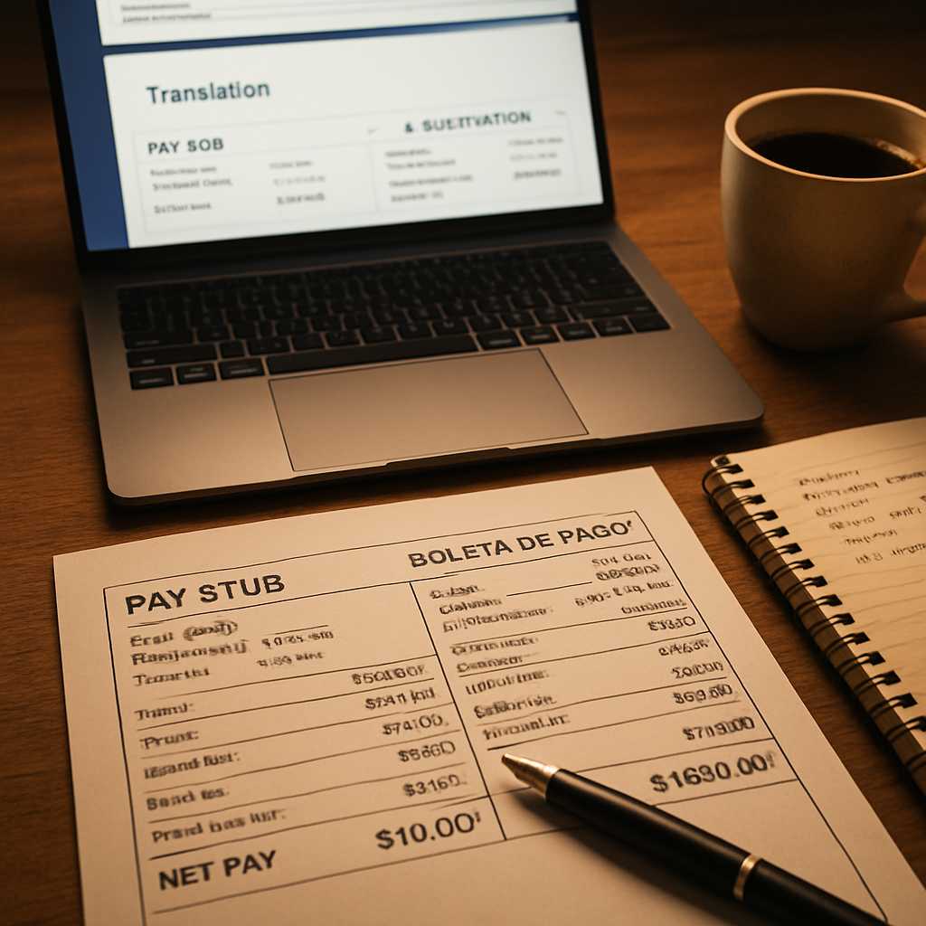 A close up, photorealistic image of a pay stub being translated on a desk, with a laptop open showin