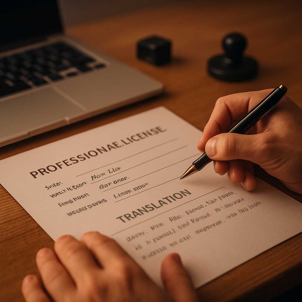 A close up, photorealistic image of a professional license document being translated on a desk, with