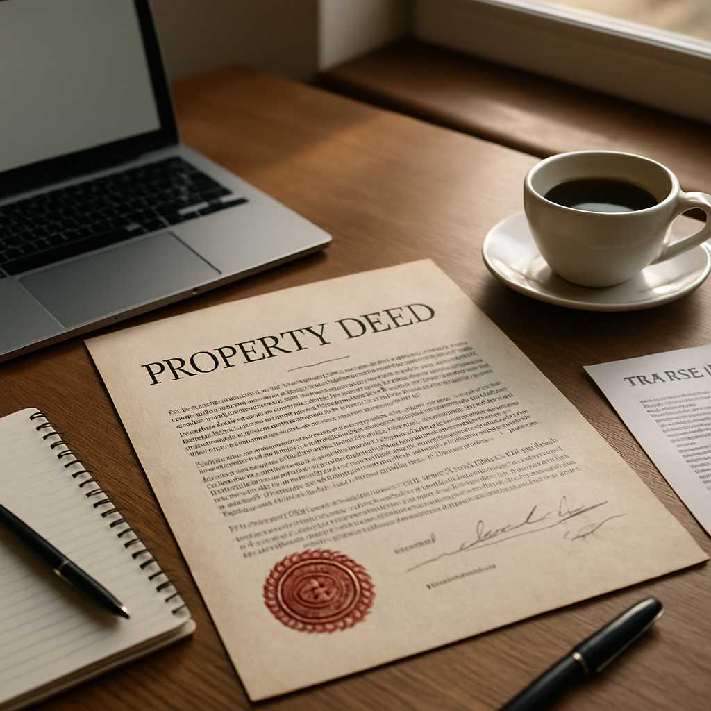 A detailed, photorealistic image of a property deed being translated on a desk, with a focus on the
