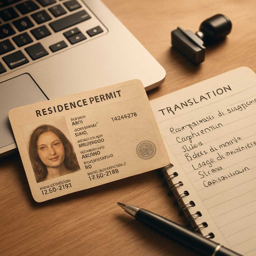 A close up, photorealistic image of a residence permit being translated on a desk, with a laptop and