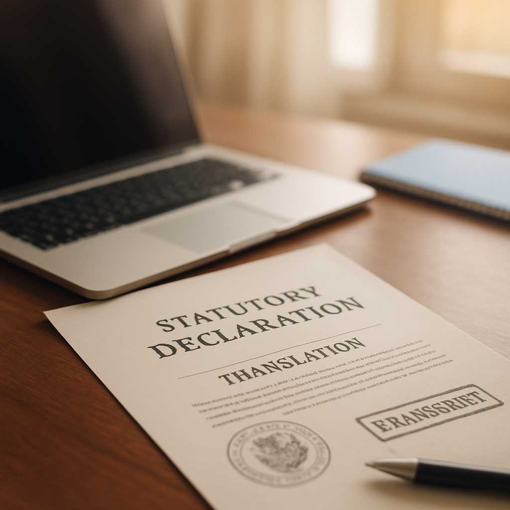A professional editorial photograph of a statutory declaration document being translated on a desk,