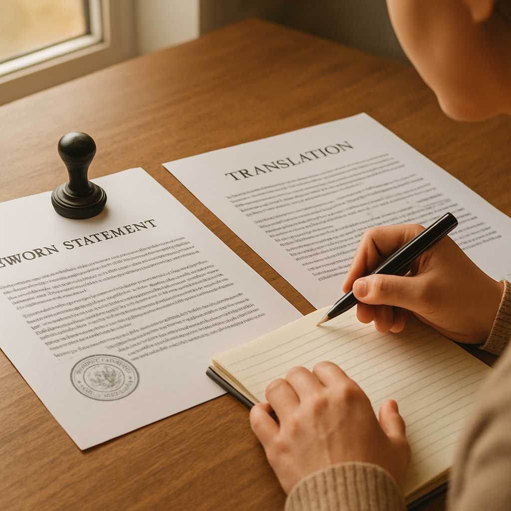 A detailed editorial photograph of a translator working on a sworn statement, with the original docu