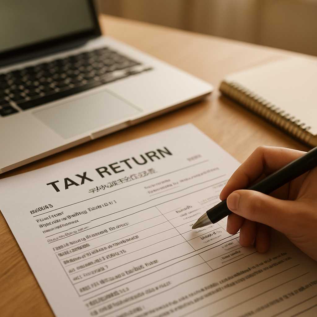 A detailed editorial photograph of a tax return document being translated on a desk, with a laptop a